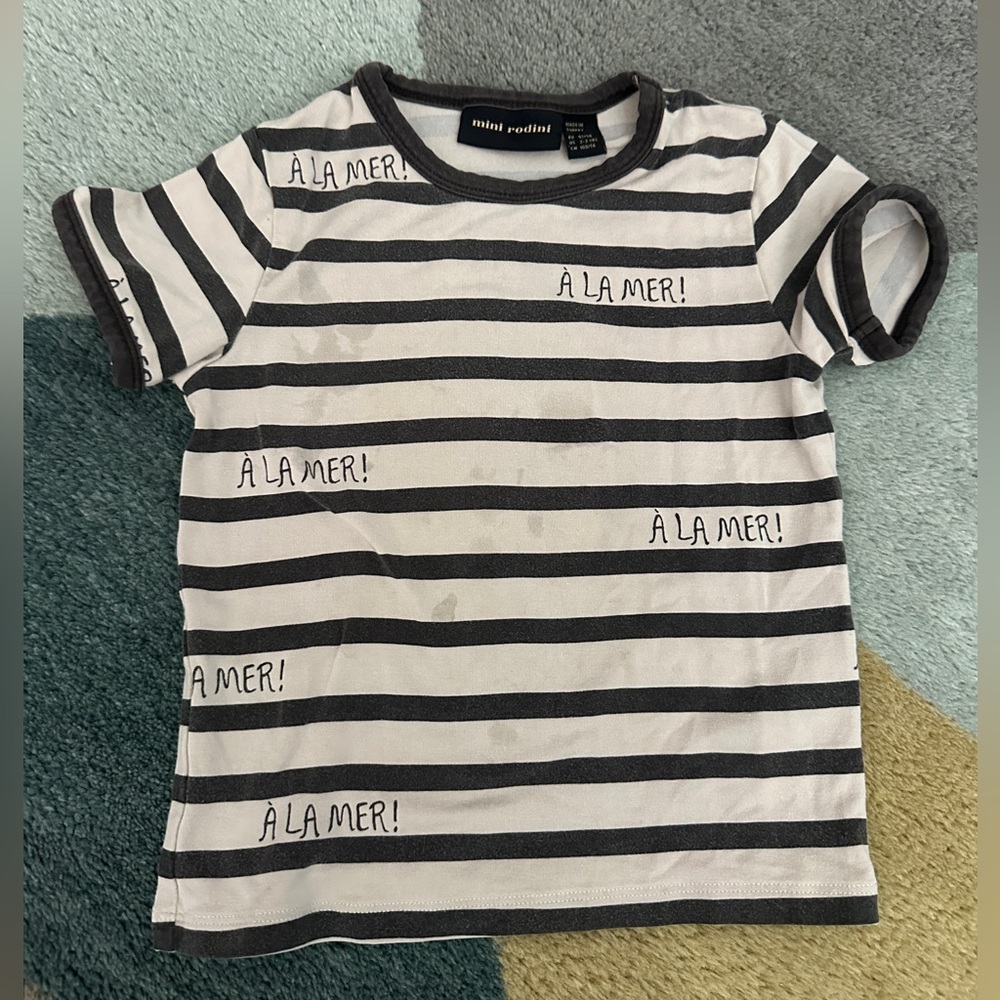 Mini Rodini Black & White Striped 'À La Mer!' Short Sleeve Tee